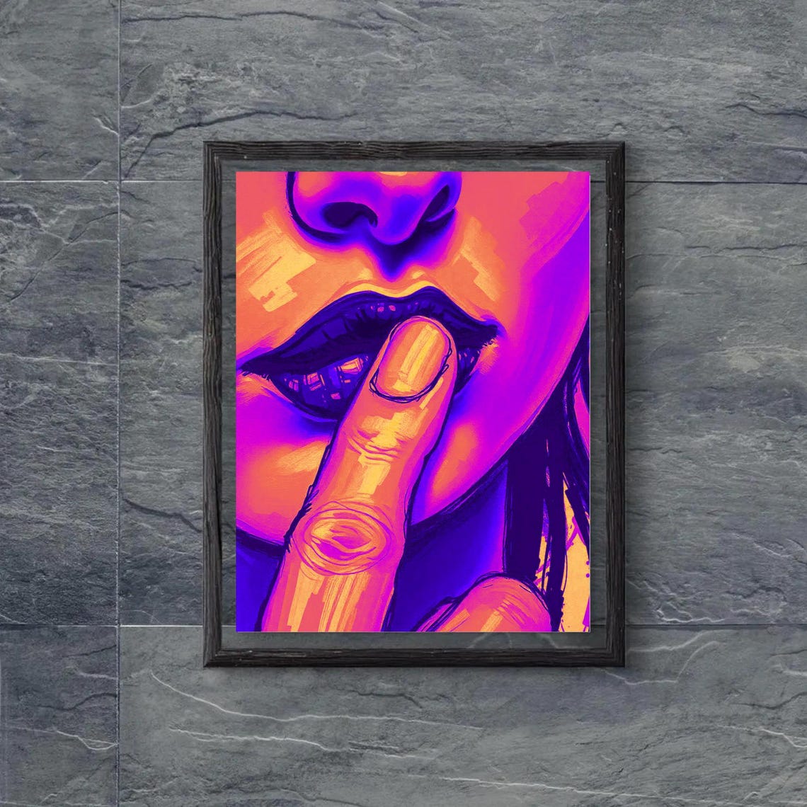 Neon Pop Art Lips Finger Over Mouth Vibrant Purple Orange Modern Print