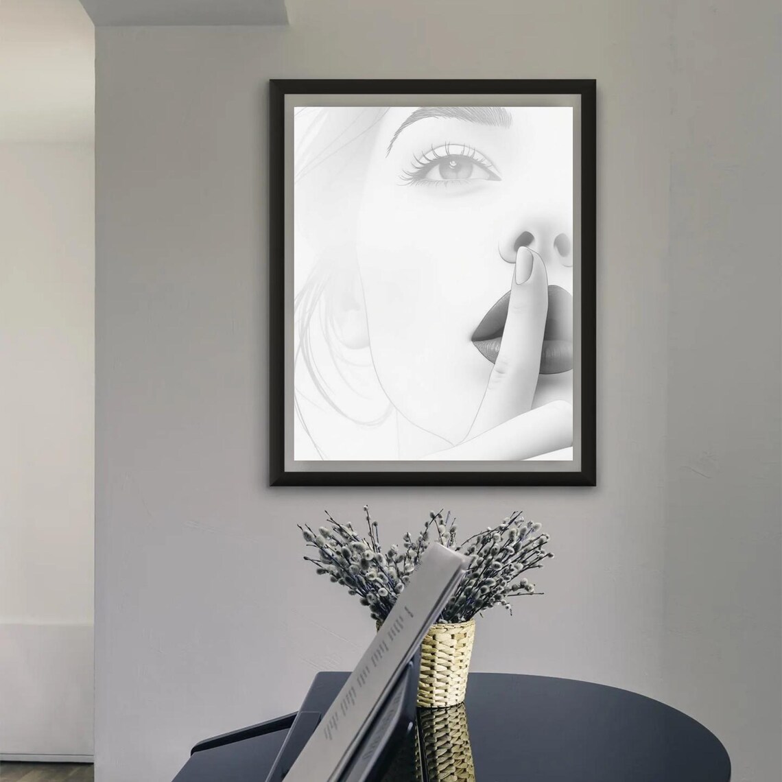 Black White Pop Art Woman Finger Over Lips Silence Minimal Modern Print - Image 3
