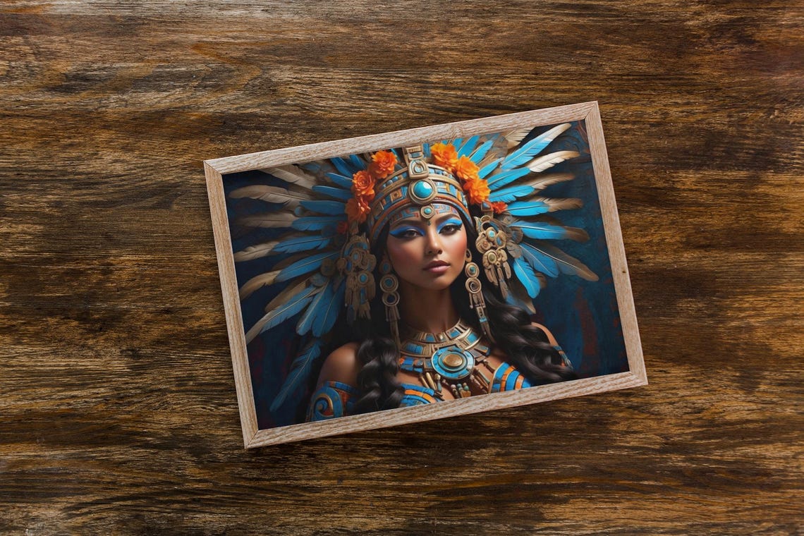 Aztec Moon Goddess Blue Feather Headdress Turquoise Portrait Art Print - Image 3
