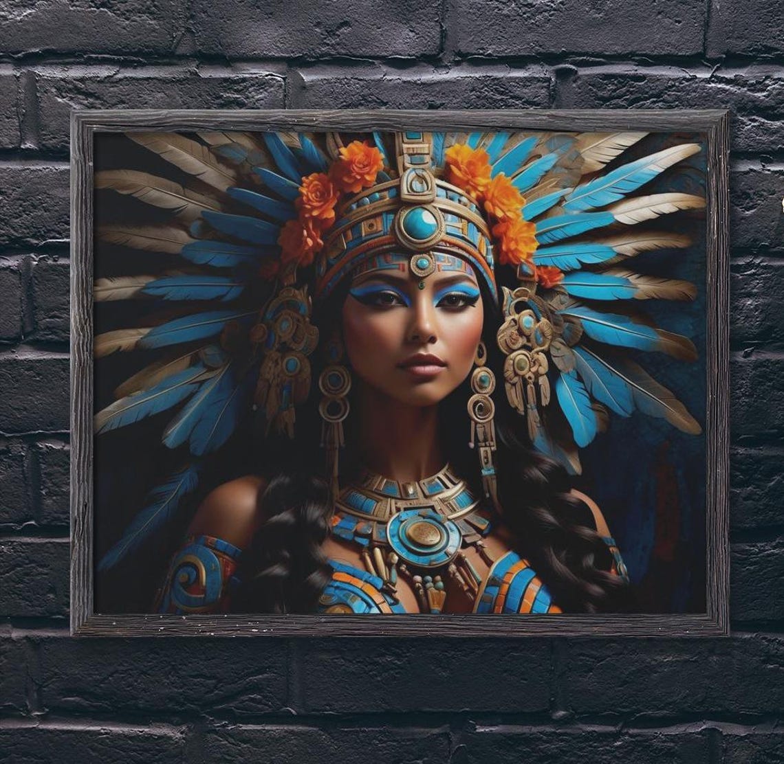Aztec Moon Goddess Blue Feather Headdress Turquoise Portrait Art Print