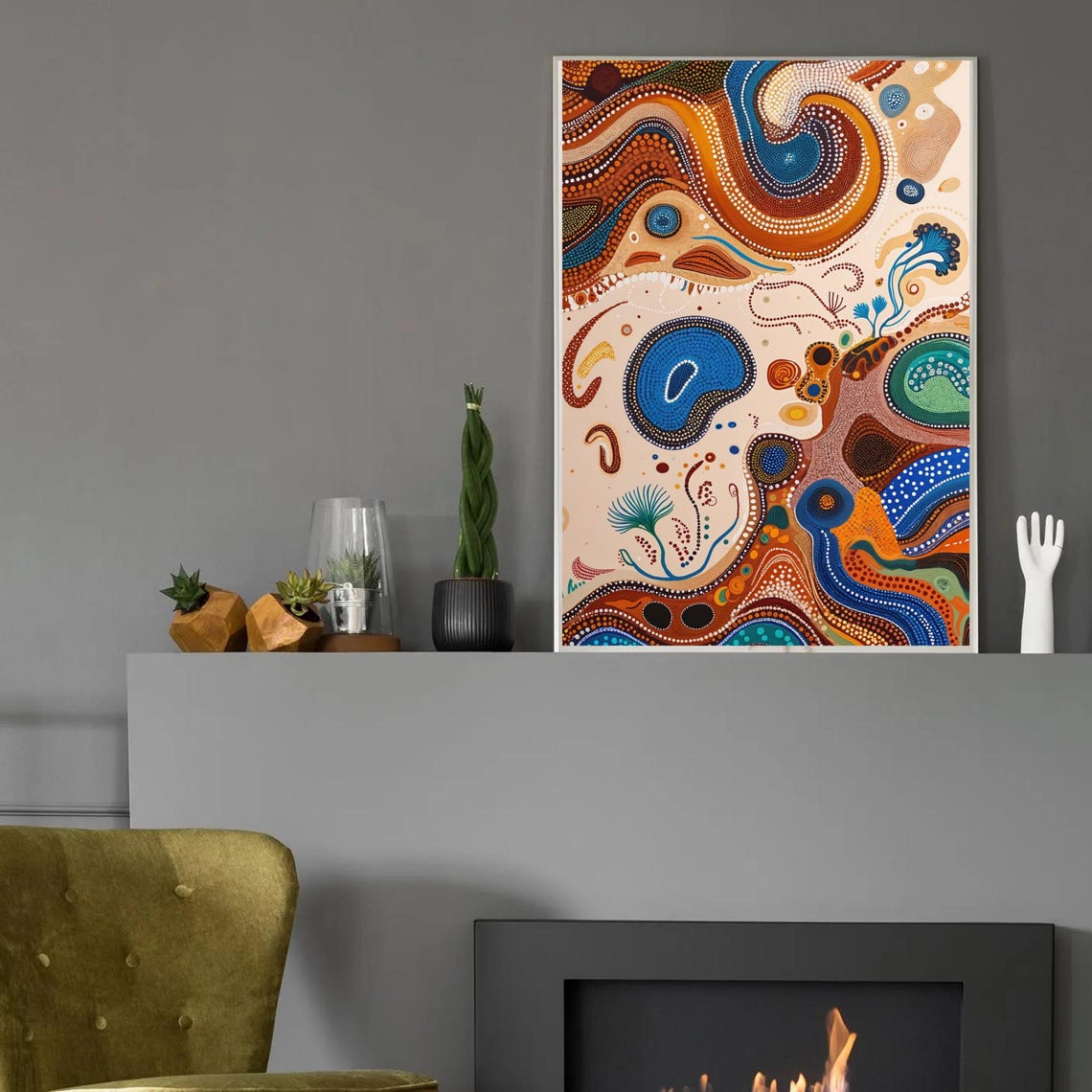 Australian Aboriginal Dot Painting In Earthy Blue And Orange Poster - Image 2