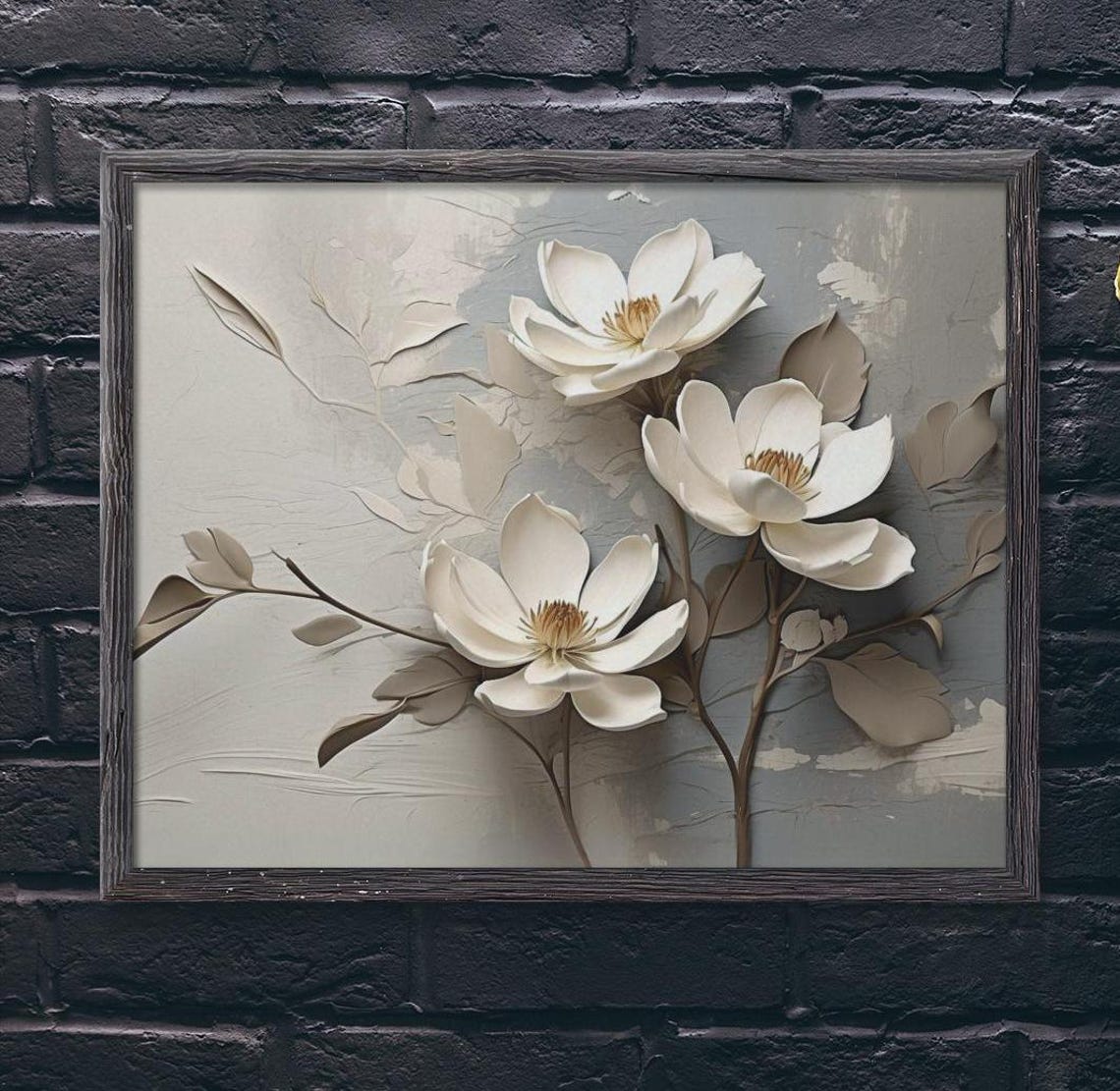 White Magnolia Blossoms 3D Plaster Texture Neutral Floral Poster