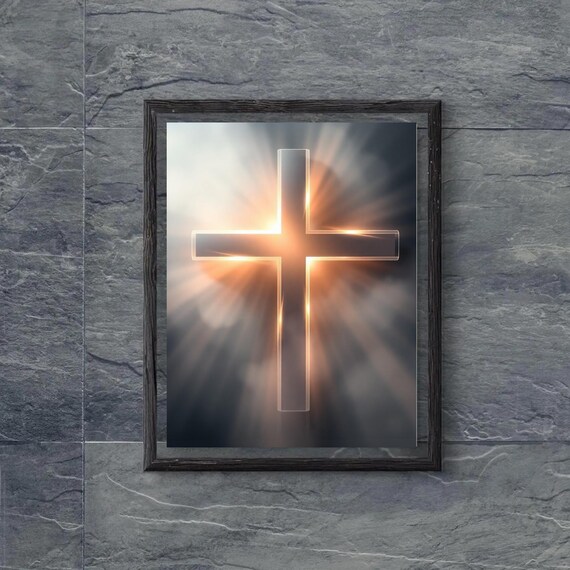 Glowing Cross Divine Light Rays Dark Cloudy Sky Faith Christian Poster