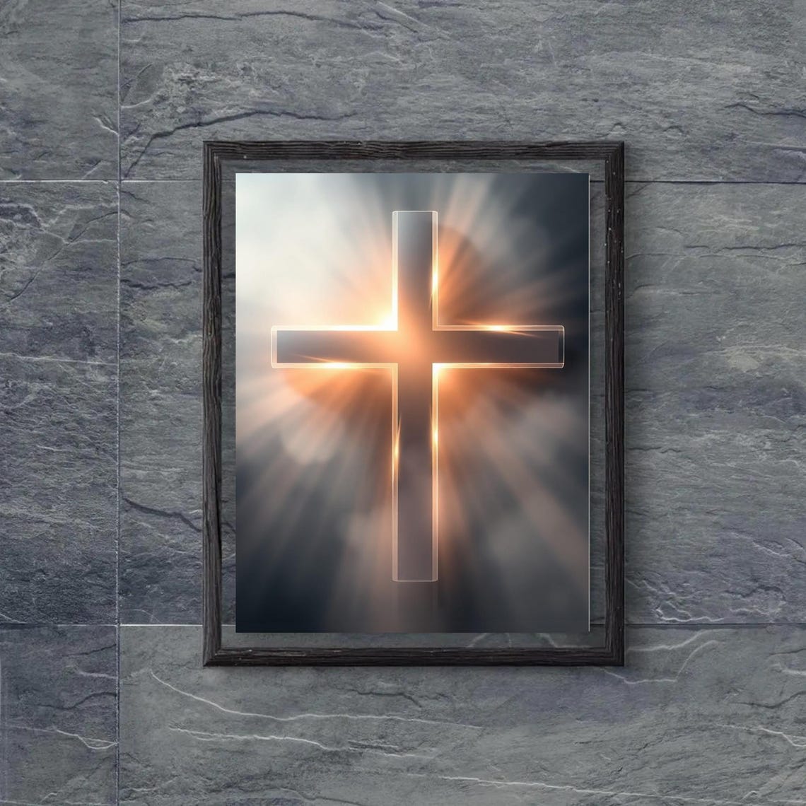 Glowing Cross Divine Light Rays Dark Cloudy Sky Faith Christian Poster