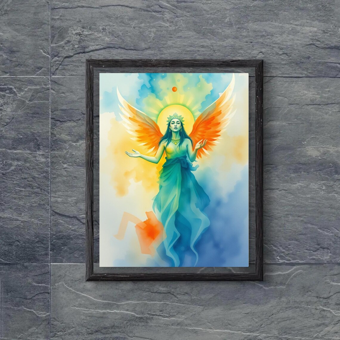 Watercolor Angel Goddess Orange Wings Turquoise Dress Sun Halo Poster