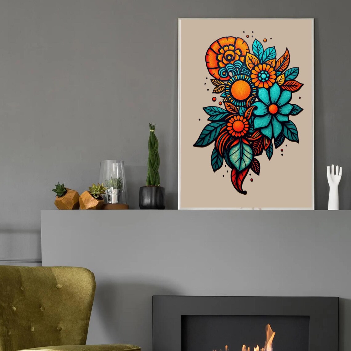 Tattoo Style Floral Bouquet Orange Teal Flowers Beige Botanical Poster - Image 2