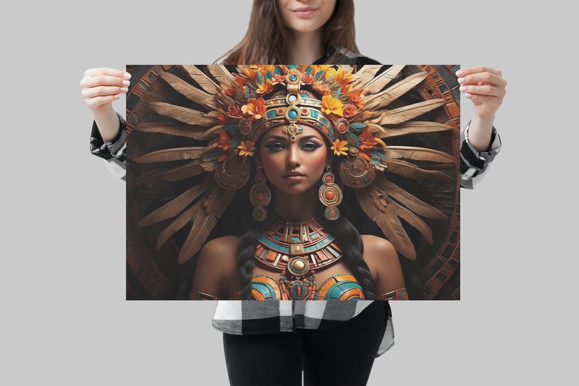 Aztec Sun Goddess Feather Headdress Gold Jewelry Portrait Art Print - Image 3