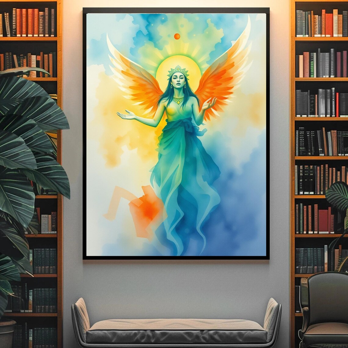 Watercolor Angel Goddess Orange Wings Turquoise Dress Sun Halo Poster - Image 4