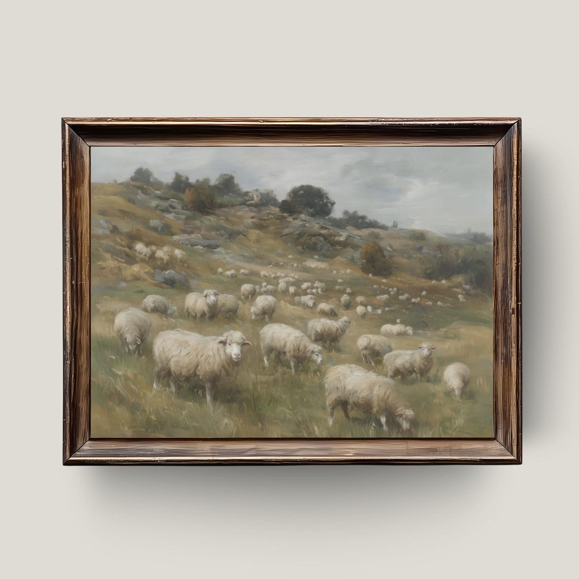 Sheep Flock Rolling Hills Vintage Pastoral Landscape Art Print