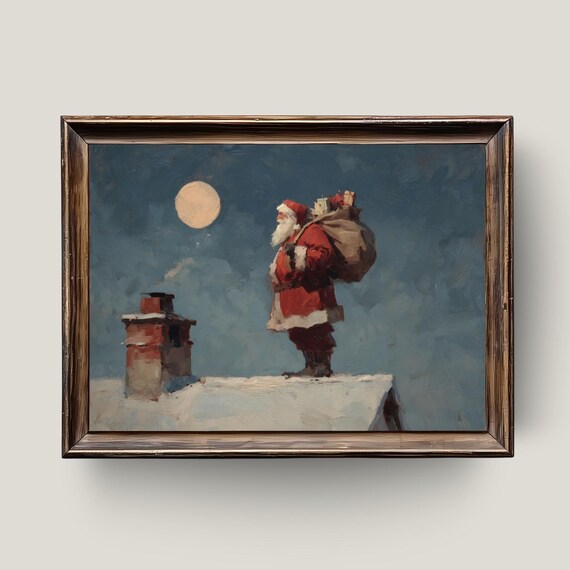 Santa Claus Rooftop Gift Sack Moonlit Vintage Christmas Print