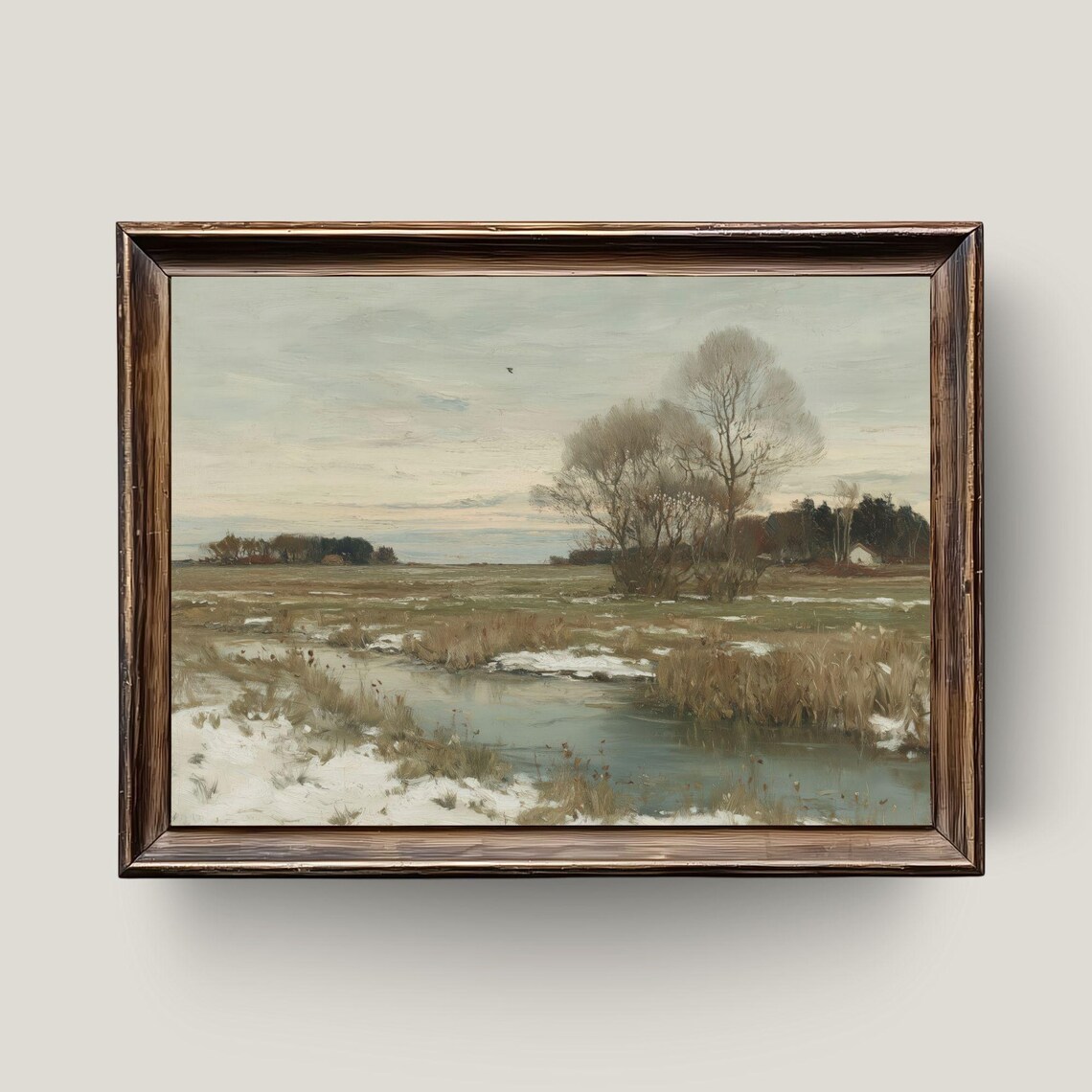Winter Countryside Snowy Farmhouse Marsh Landscape Vintage Oil Art Poster