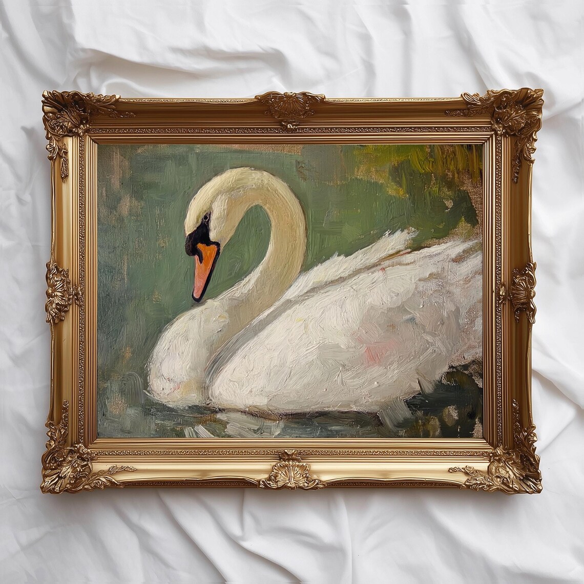 White Swan Oil Painting Tranquil Lake Bird Portrait Wall Art