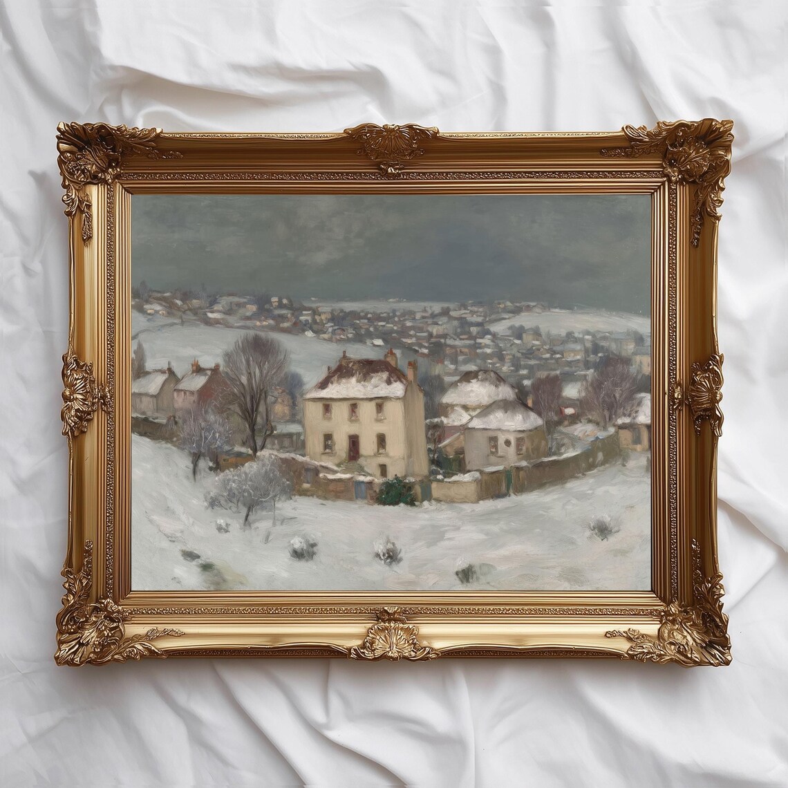 Snowy Winter Village Cozy Town Painting Rustic Countryside Art Poster