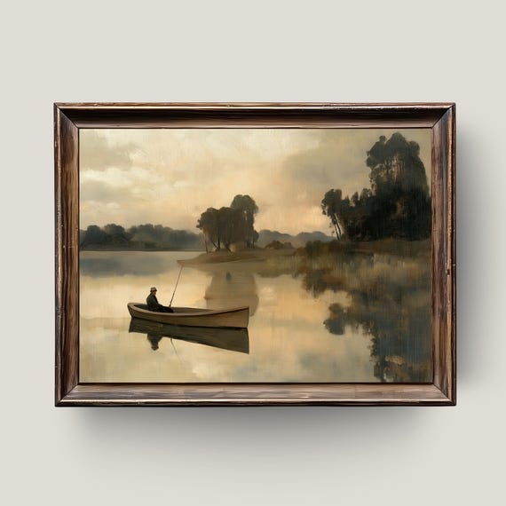 Solitary Fisherman Lake Painting Tranquil Landscape Wall Art