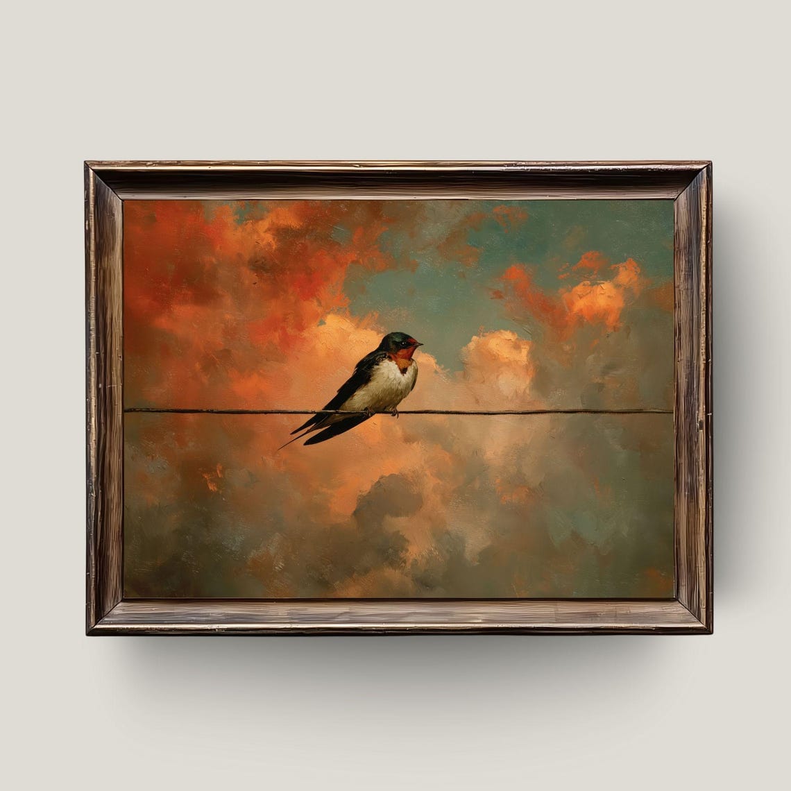Barn Swallow Perched on Wire Beneath Fiery Sunset Sky Painting Poster