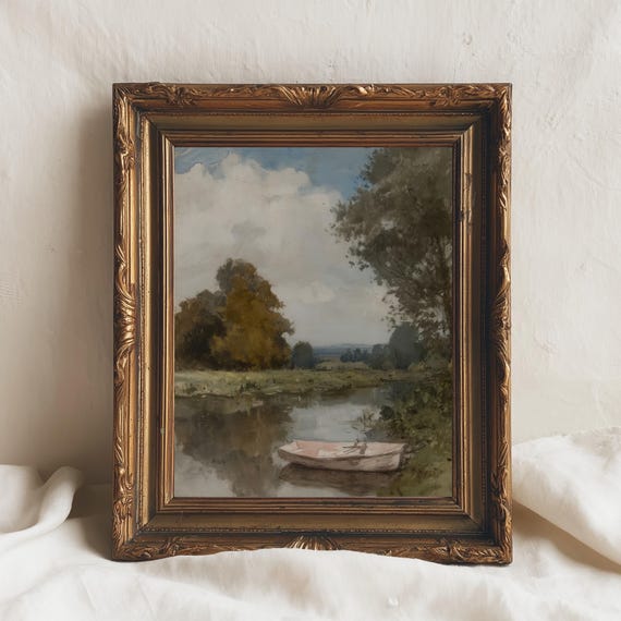 Countryside Wall Art Peaceful River And Rowboat