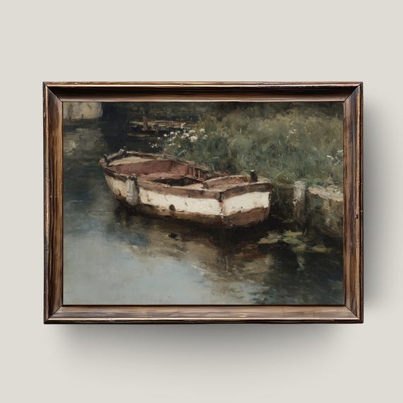Rustic Rowboat Painting Vintage Lake House Art
