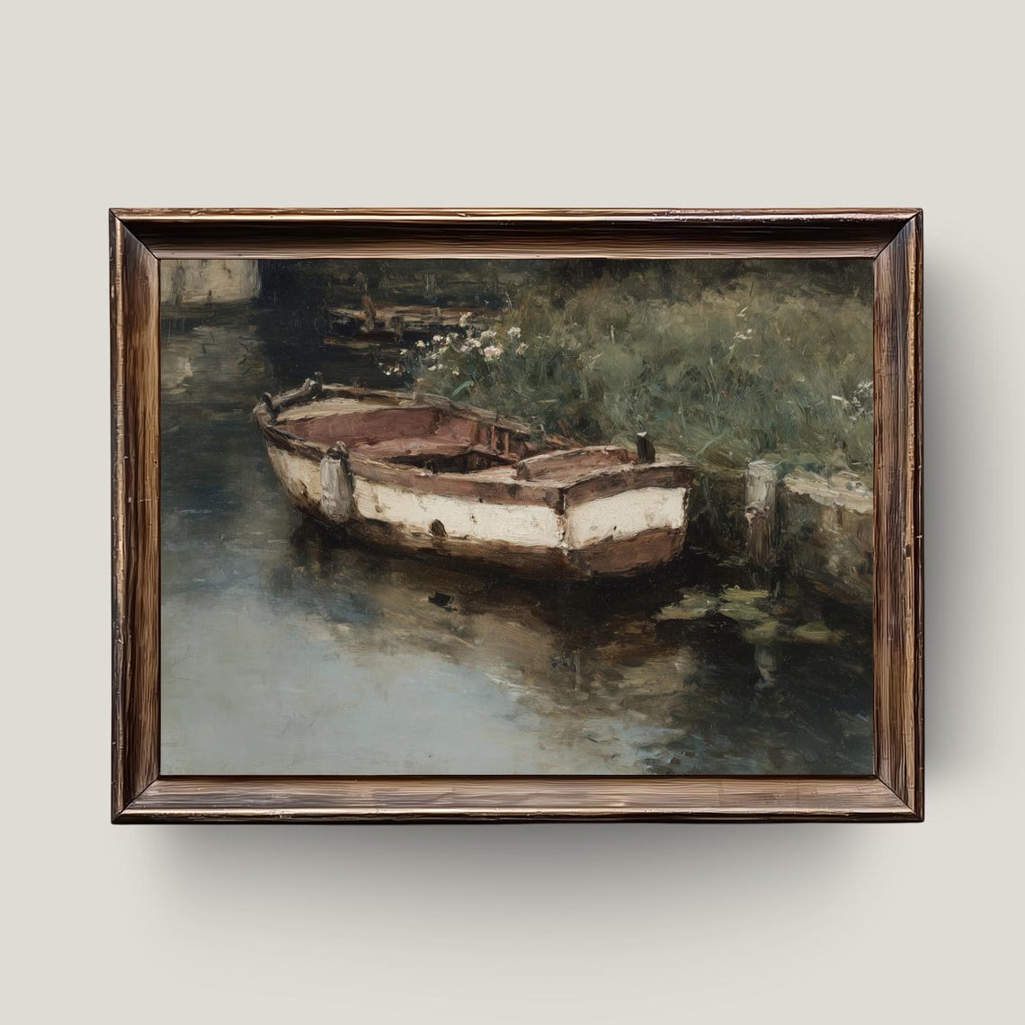 Rustic Wooden Rowboat Moored on Calm Lake Vintage Oil Painting Poster