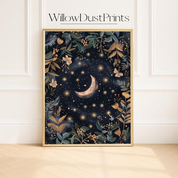 Celestial Moon And Stars Wall Art Dreamy Floral Night Sky For Boho Bedroom Meditation Corner Or Cozy Home Decor Gift Mystical