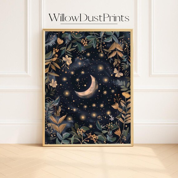 Mystical Crescent Moon With Stars And Gold Foliage Night Poster