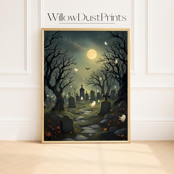 Haunted Graveyard Spooky Halloween Ghosts Moonlit Art Poster