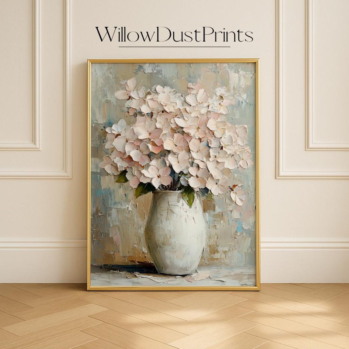 White Blush Flowers Ceramic Vase Palette Knife Textured Floral Poster
