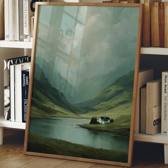 Vintage Mountain Lake Cabin Landscape Rustic Nature Wall Art