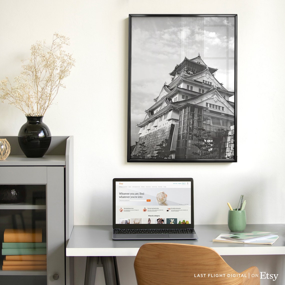 Japan Osaka Castle Stone Walls Skyline Black And White Poster - Image 3
