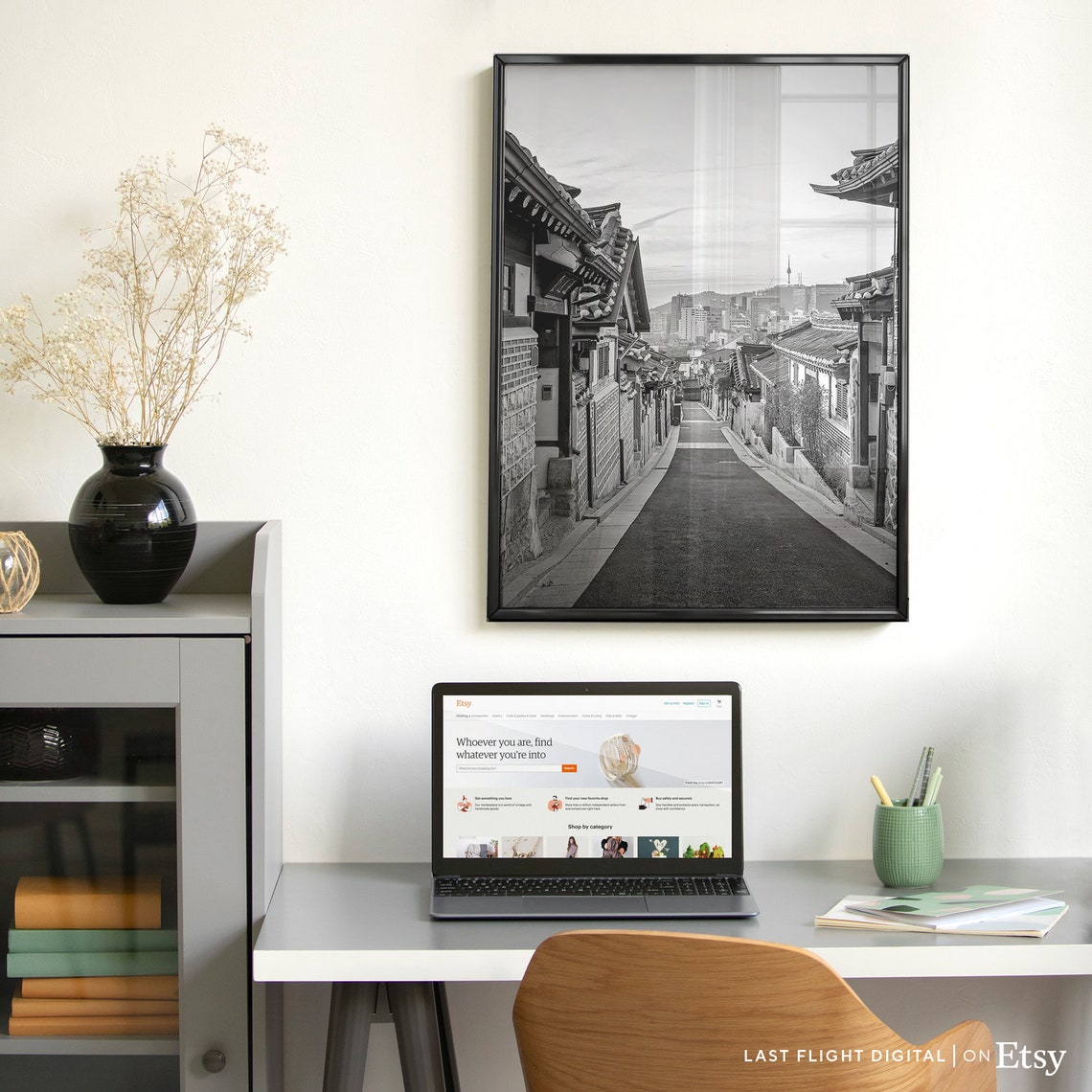 Korea Seoul Bukchon Hanok Village Tower Skyline Black White Poster - Image 5