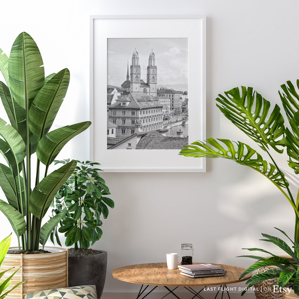 Zurich Grossmunster Twin Towers Old Town Black And White Photo Poster - Image 2