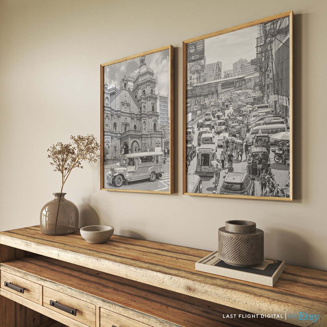 Philippines Manila Jeepney Street Crowd Scene Black White Poster - Image 4