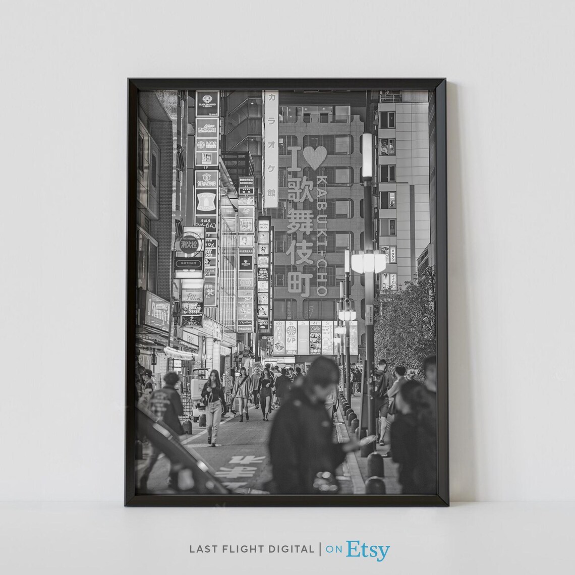 Tokyo Shinjuku Kabukicho Night Street Neon Signs Black White Poster