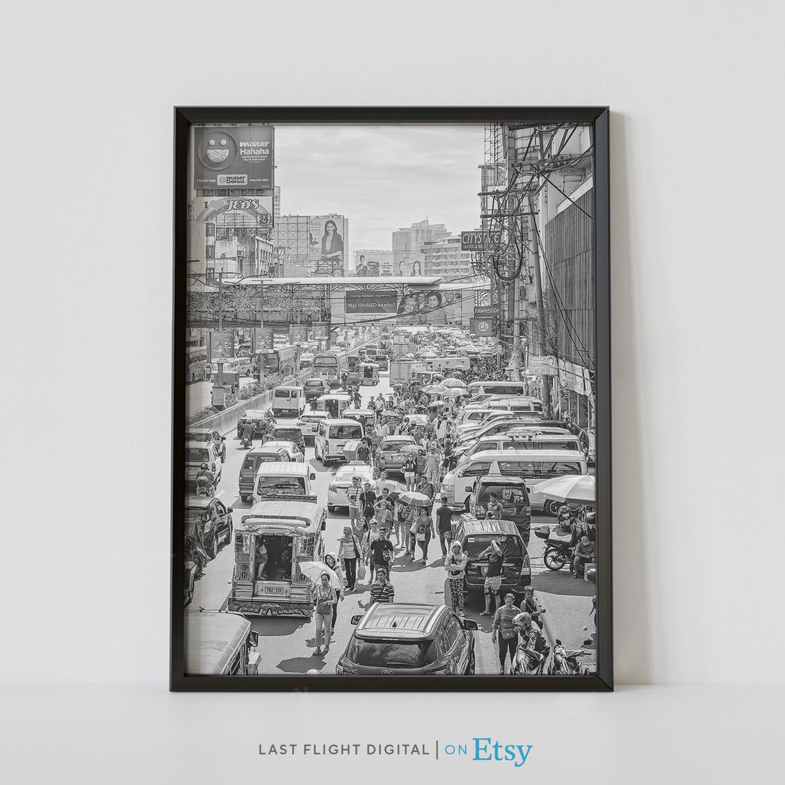 Philippines Manila Jeepney Street Crowd Scene Black White Poster