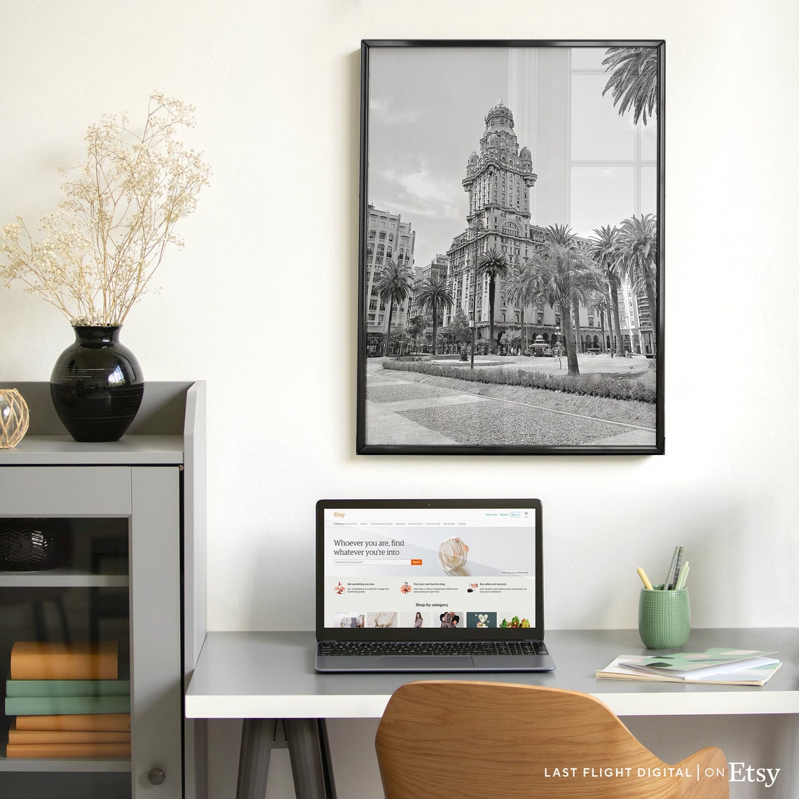 Montevideo Uruguay Salvo Palace Palm Trees Black White Poster - Image 4