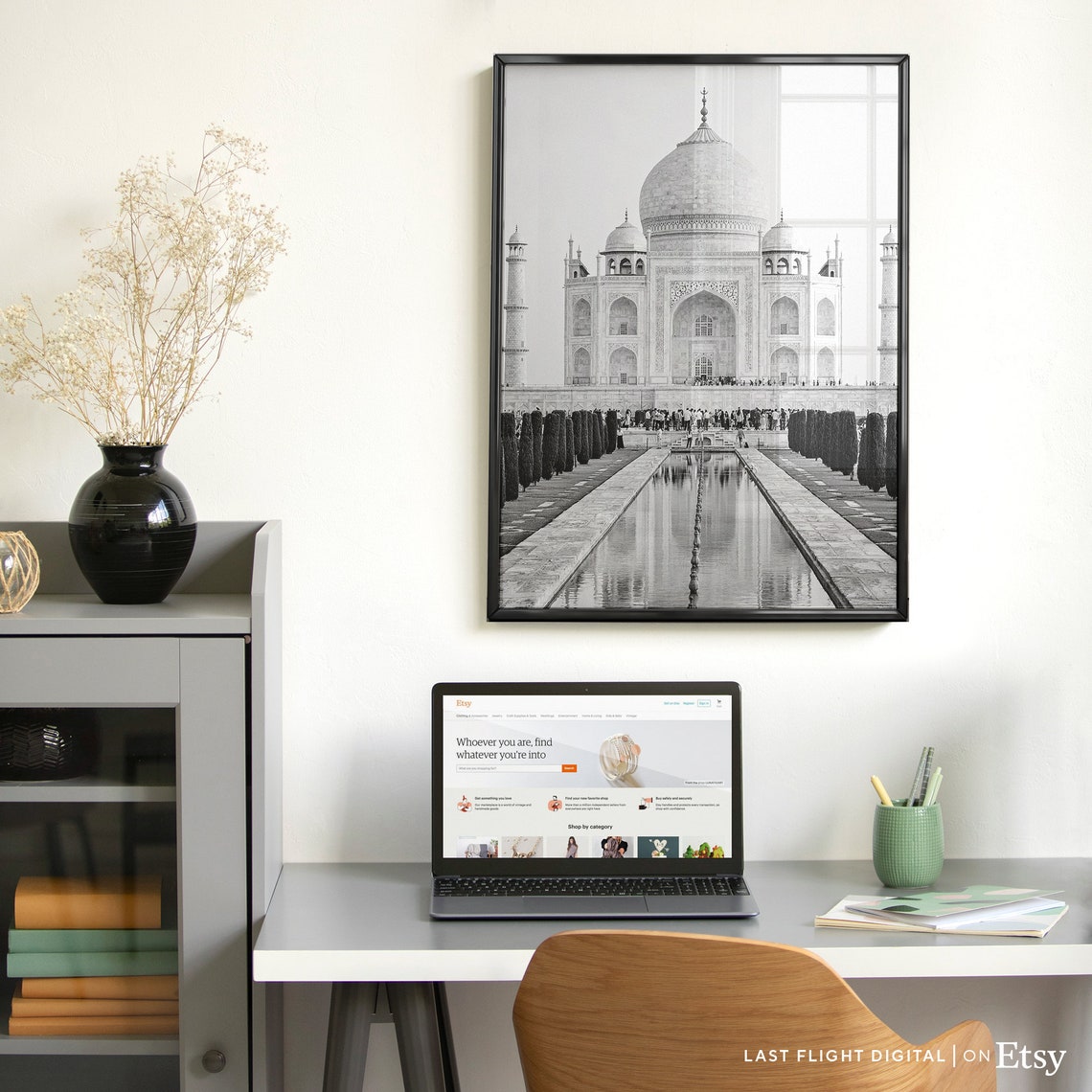 Taj Mahal Agra India Reflecting Pool Black And White Photo Poster - Image 2