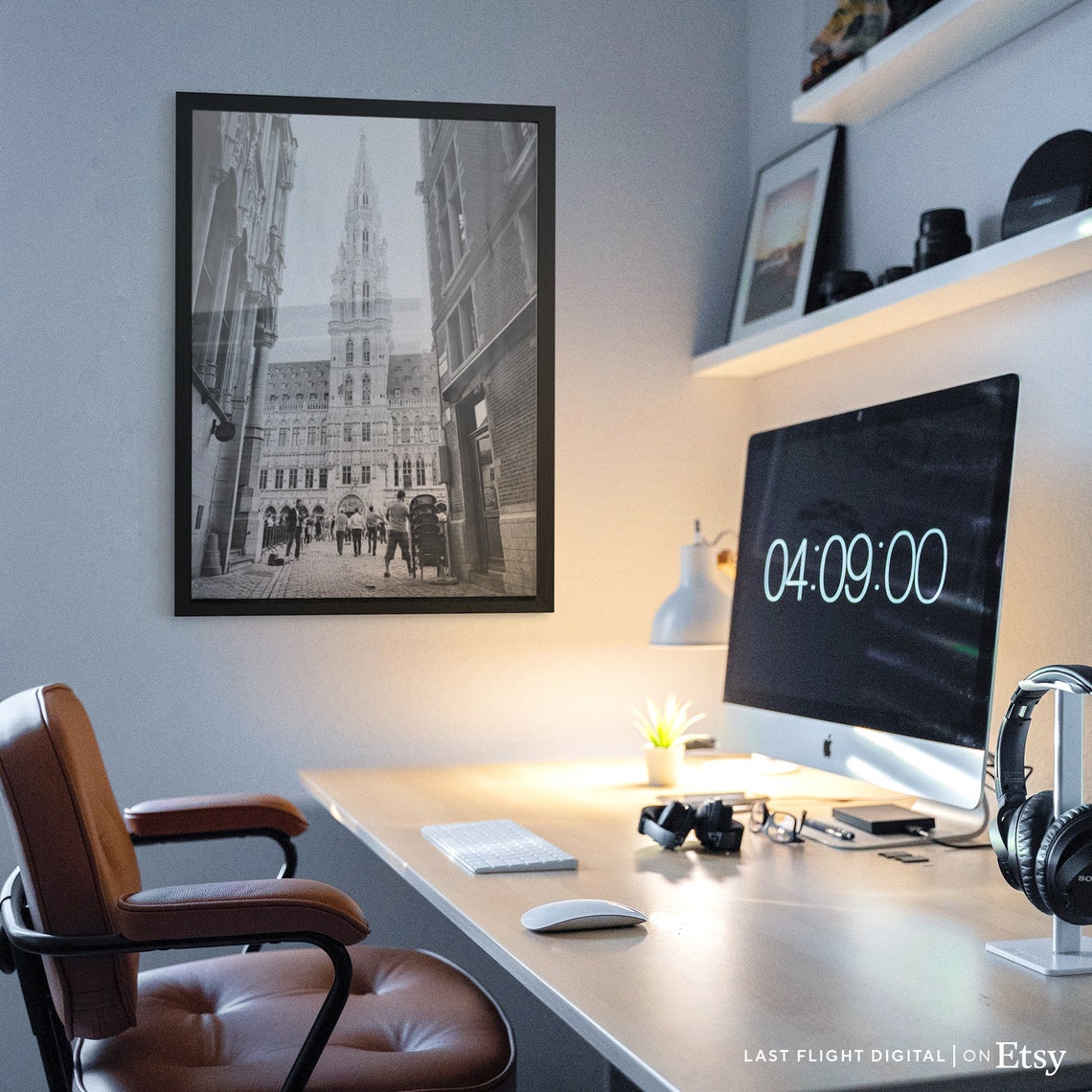 Brussels Belgium Grand Place Town Hall Tower Black White Poster - Image 4