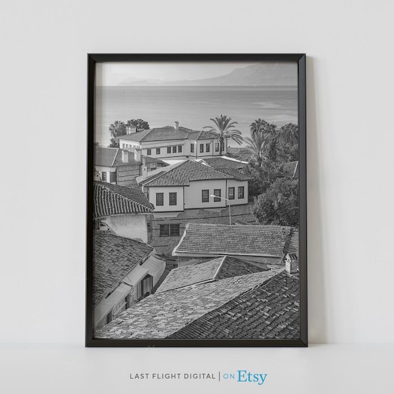 Antalya Turkey Ottoman Houses Harbor View Black White Poster