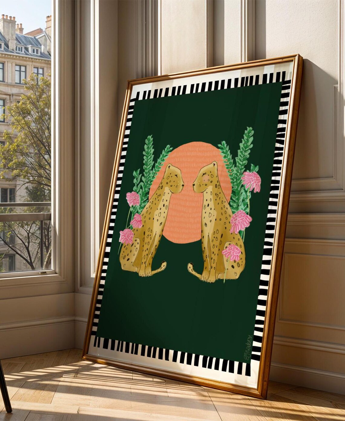 Twin Cheetahs With Pink Flowers Dark Green Nursery Decor Poster