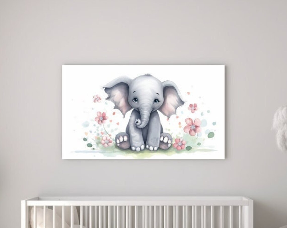 Sweet Baby Elephant Pink Blossoms Nursery Watercolor Girls Room Wall Print
