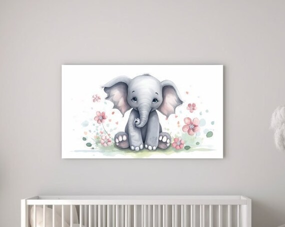 Sweet Baby Elephant Pink Blossoms Nursery Watercolor Girls Room Wall Print