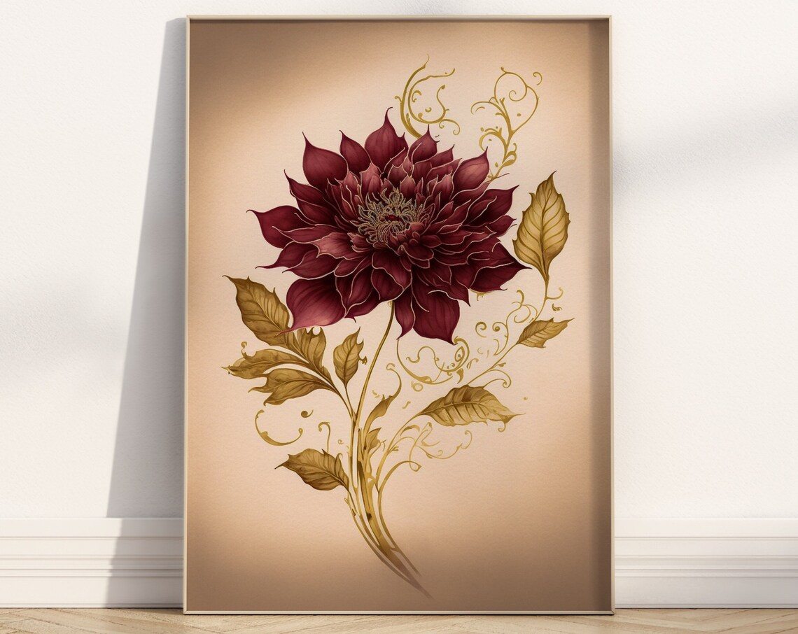 Red Dahlia Gold Leaves Elegant Dark Red Bloom Floral Art Print