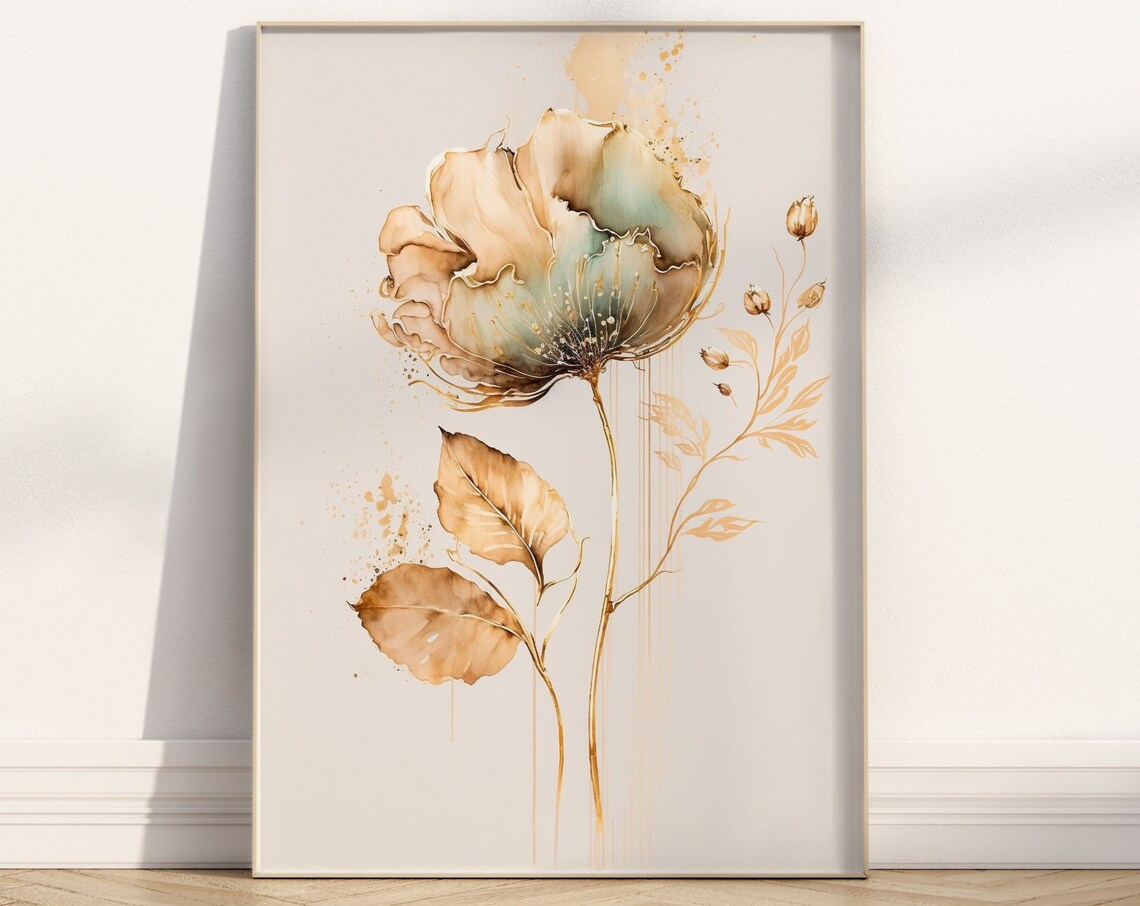 Gold Watercolor Flower Elegant Minimalist Botanical Art Poster