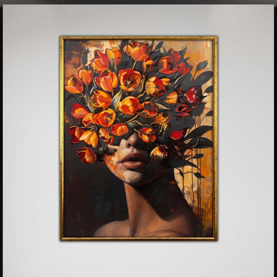 Fiery Tulip Face Art Abstract Flower Portrait Surreal Woman Canvas Vibrant Expressionist Painting Bold Wall Decor