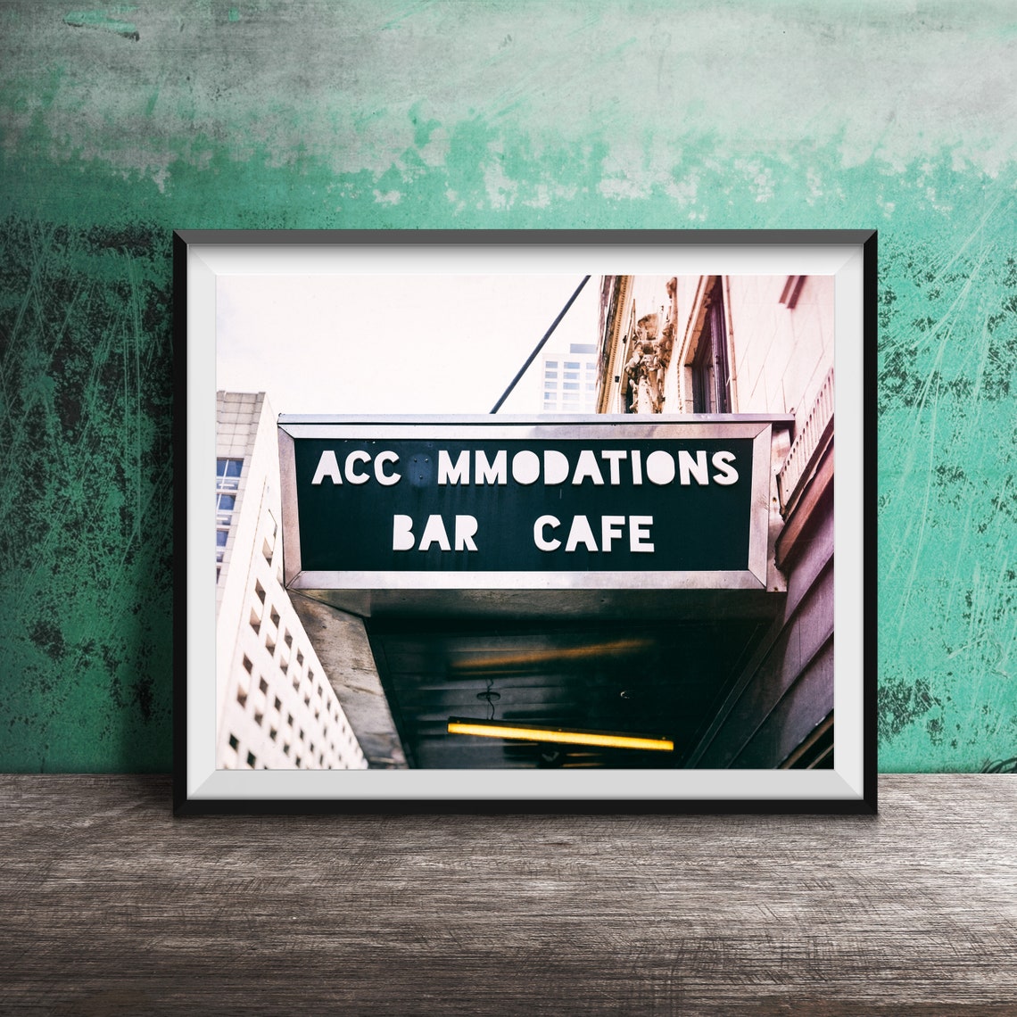 Accommodations Bar Cafe Partially Lit Neon Sign Vintage Photo Poster