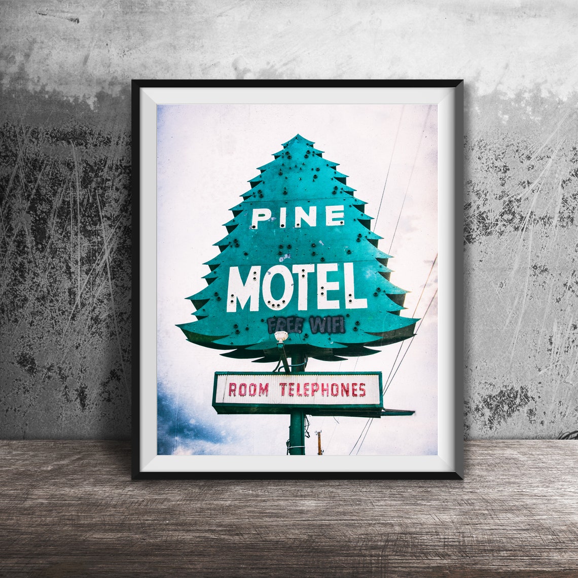 Teal Pine Tree Shaped Vintage Motel Roadside Neon Sign Poster