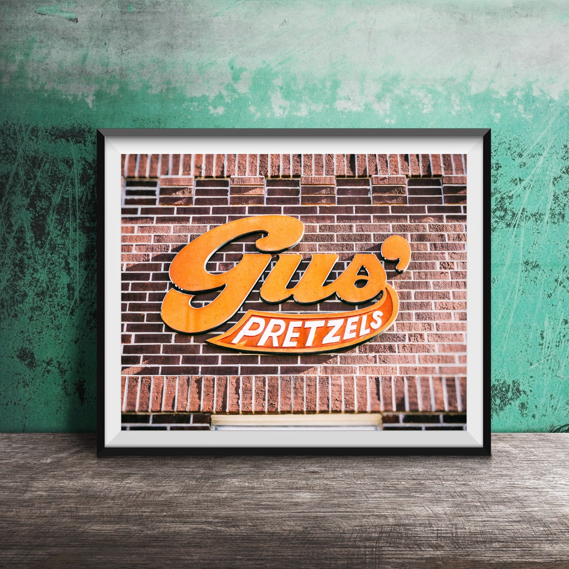 Gus' Pretzels Orange Wall Sign on Brick St Louis Bakery Poster