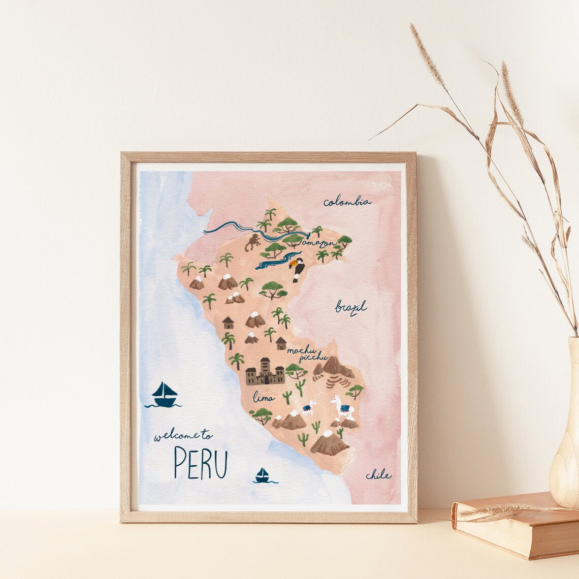 Peru Map Art Print, Tropical Watercolor Gouache - Image 3