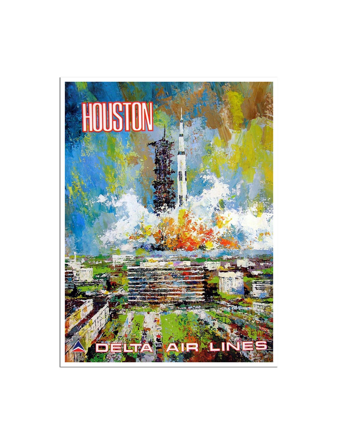Houston Delta Air Lines Poster Rocket Launch Space Age Vintage Art