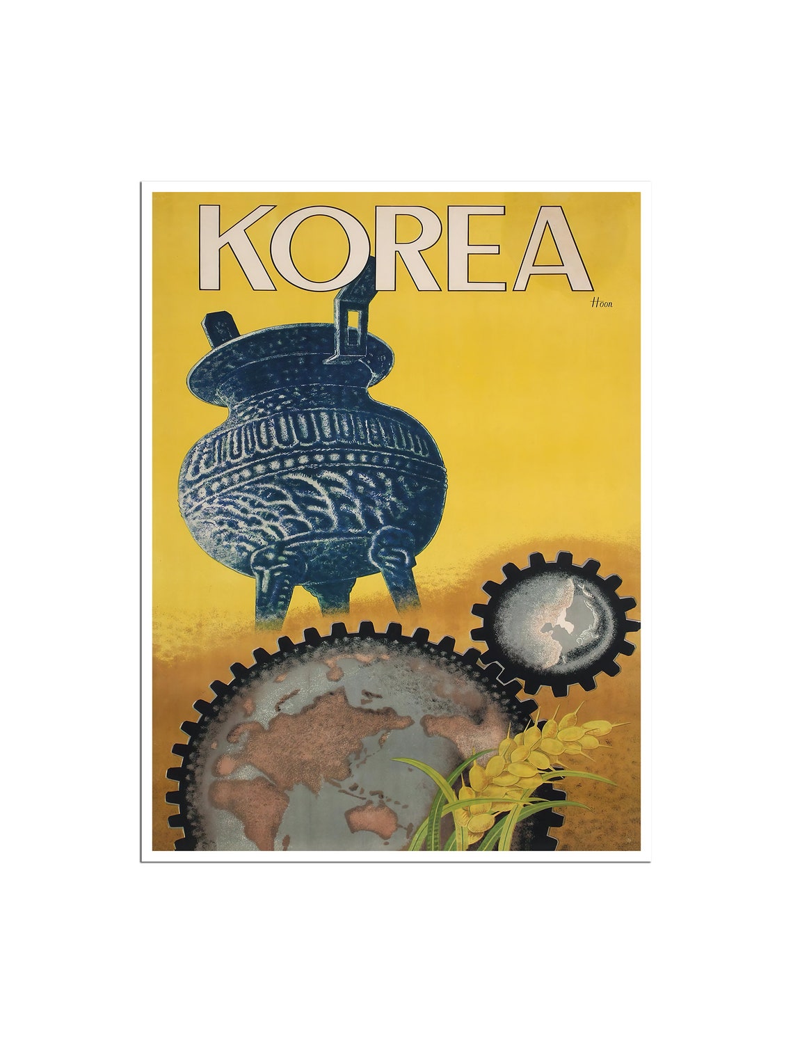 Korea Bronze Ritual Vessel Globe Gears Mid Century Vintage Poster