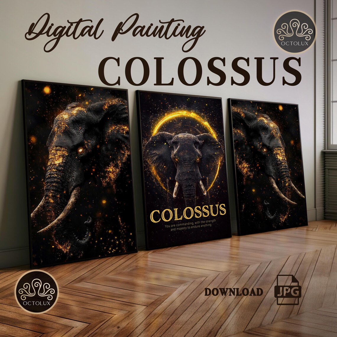Colossus Black Gold Elephant Triple Panel Motivational Strength Wall Art Print